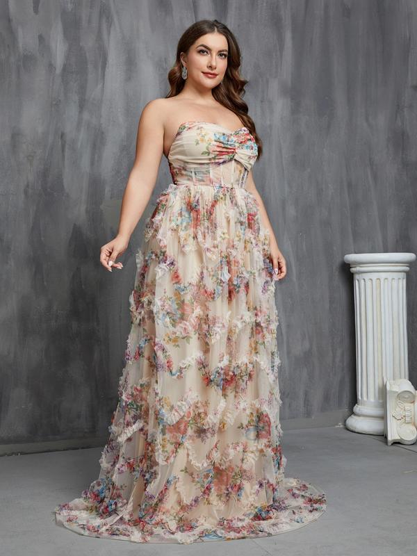  Womenswear Floral Print Ruched Corset Frill Trim Tulle Evening Dress, Comfort Zipper Back A Line Tube Dress, Women's Evening Party Gown for Fall, Wedding Guest Dresses, Hoco Dresses Black Girls